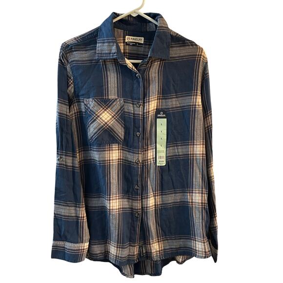 Magellan Women's Lons Sleeve Willow Creek Blue Flannel Boyfriend Fit Large - Picture 1 of 8